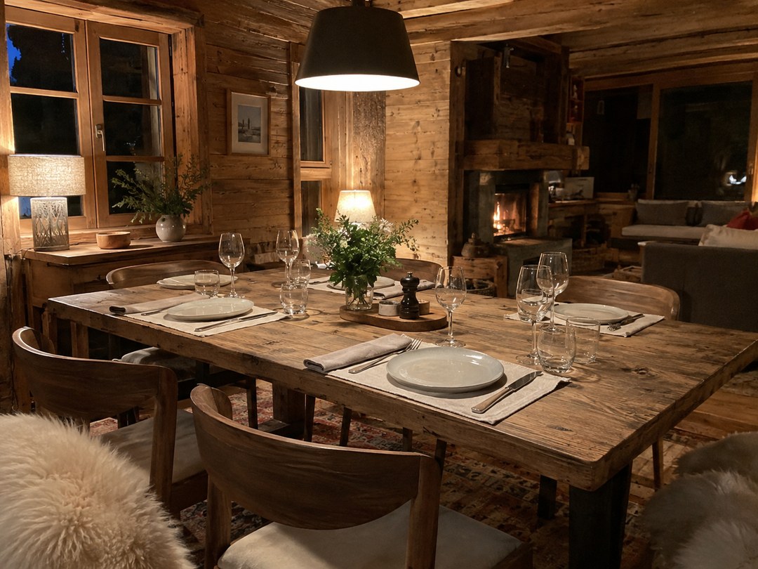Table dressée le soir dans un chalet, près de la cheminée