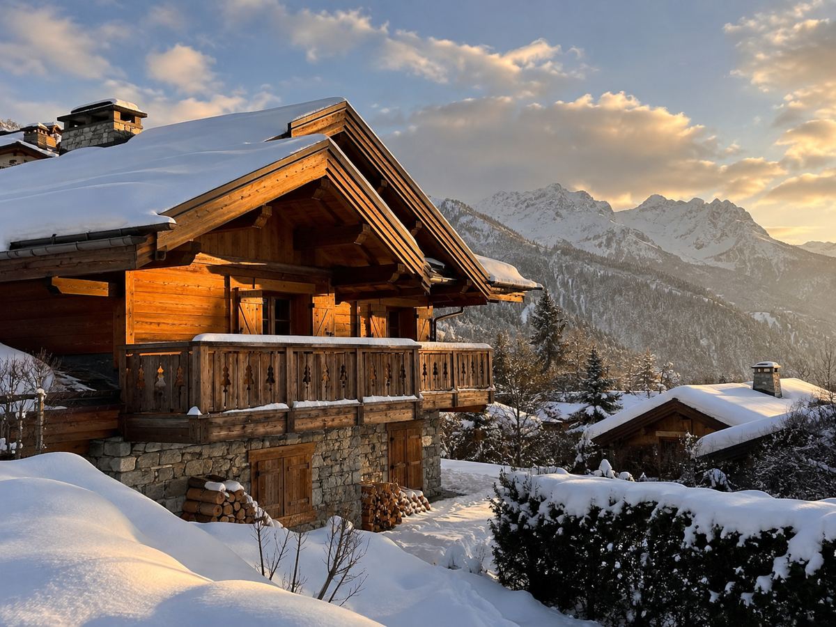 Chalet de Savoie sous la neige, en fin de journée
