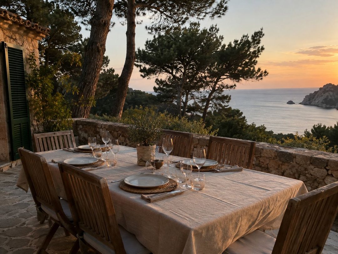 Table dressée en terrasse face à la mer, en fin de journée